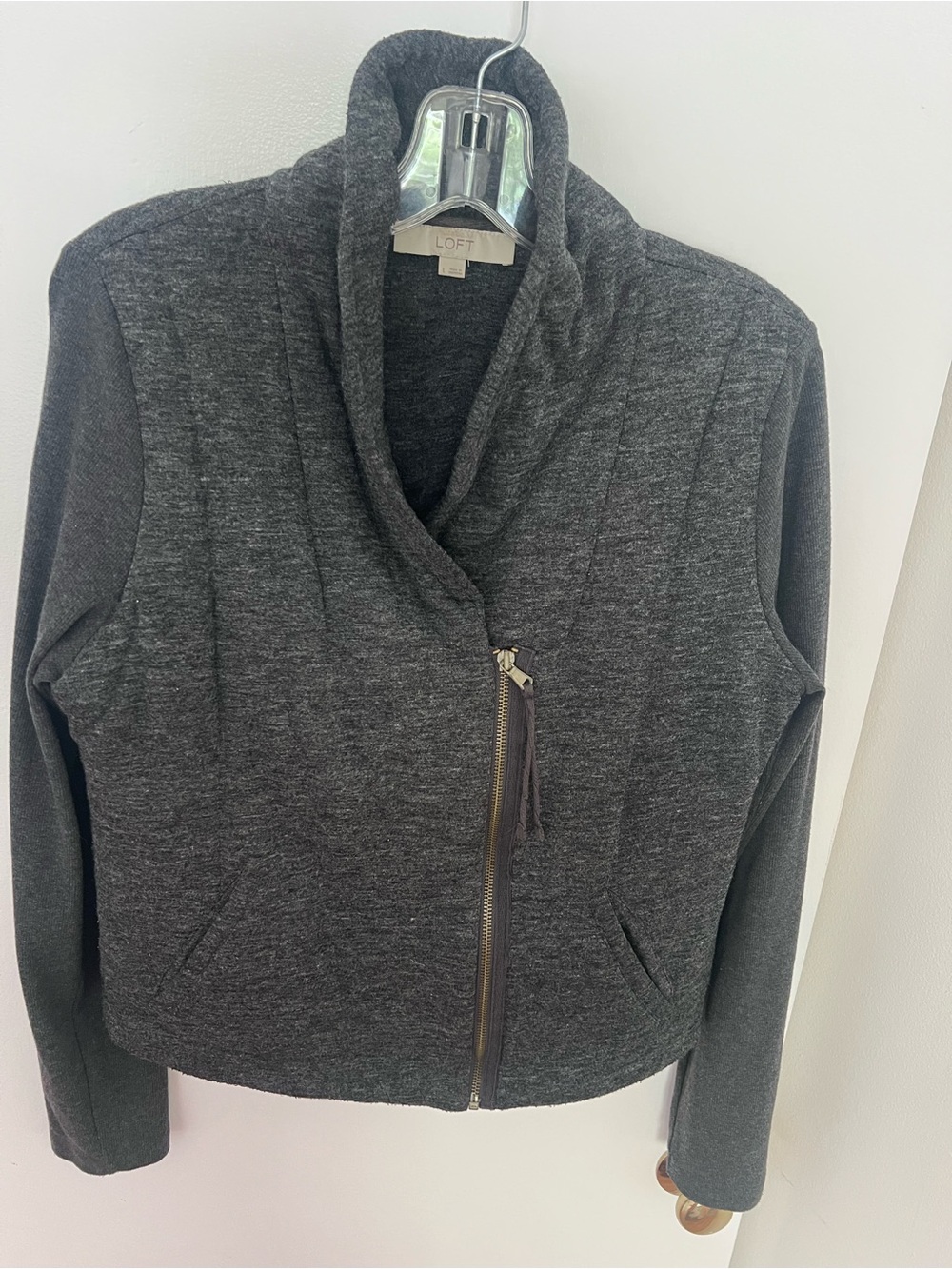LOFT Dark Charcoal Asymmetrical Zip-Front  Knit Jacket